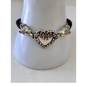 Brighton Cupid's Bandit Heart Bracelet Black Braided Leather Silver Plate